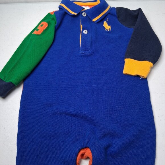 Ralph Lauren Polo Shirt Romper Outfit Baby 9M Rugby Blue Colorblock Preppy - Picture 2 of 16